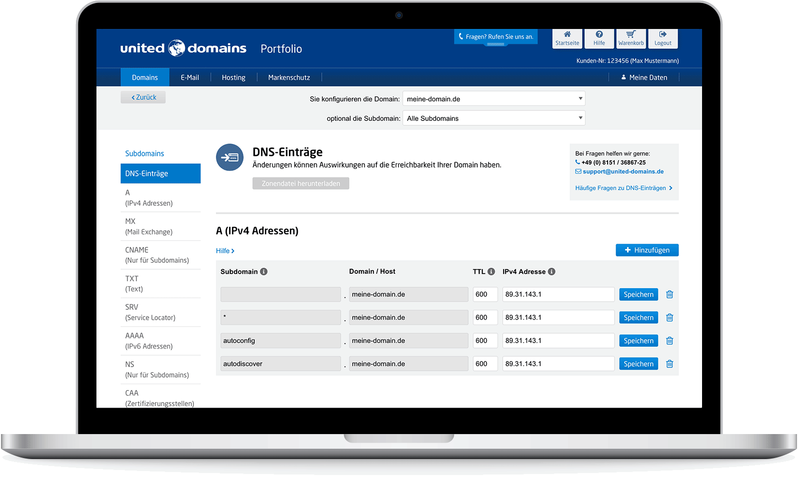 DNS-Konfiguration im united-domains Portfolio