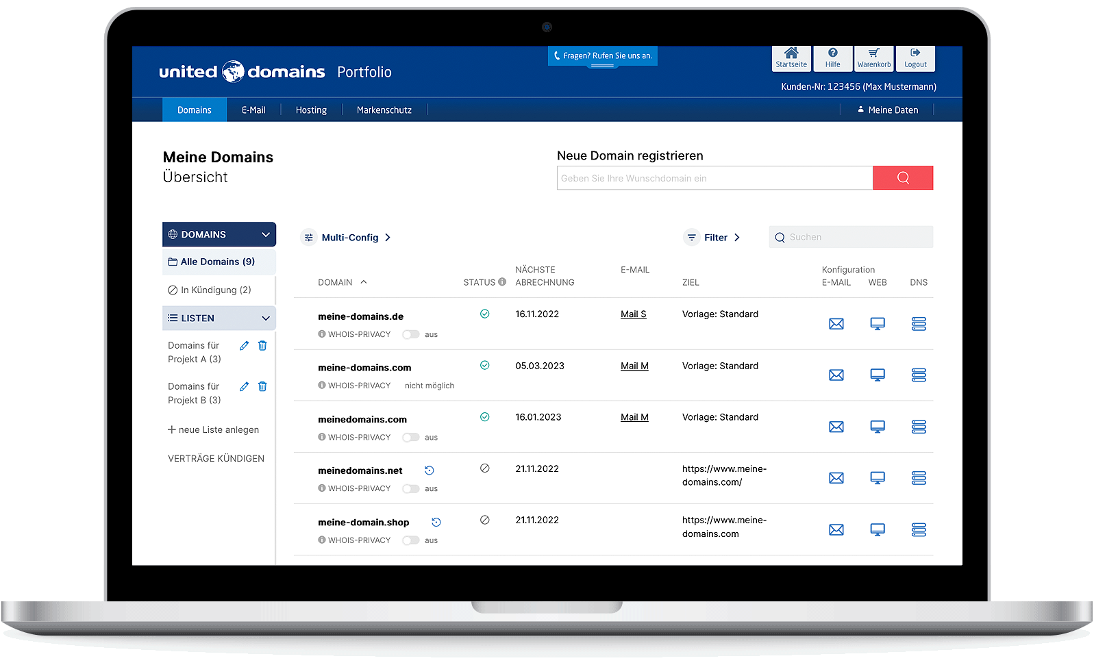 Domain-Übersicht im united-domains Portfolio