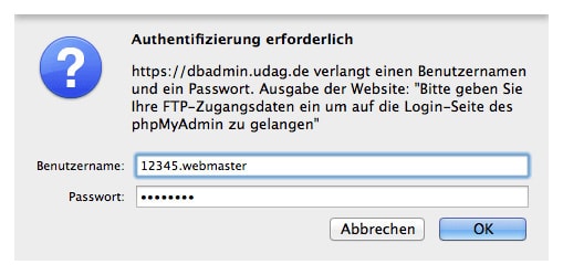 phpMyAdmin - FTP-Zugangsdaten eingeben