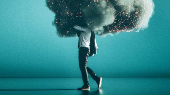 Stilisiertes Bild eines Mannes, der seinen Kopf in einer digital vernetzten Wolke trägt