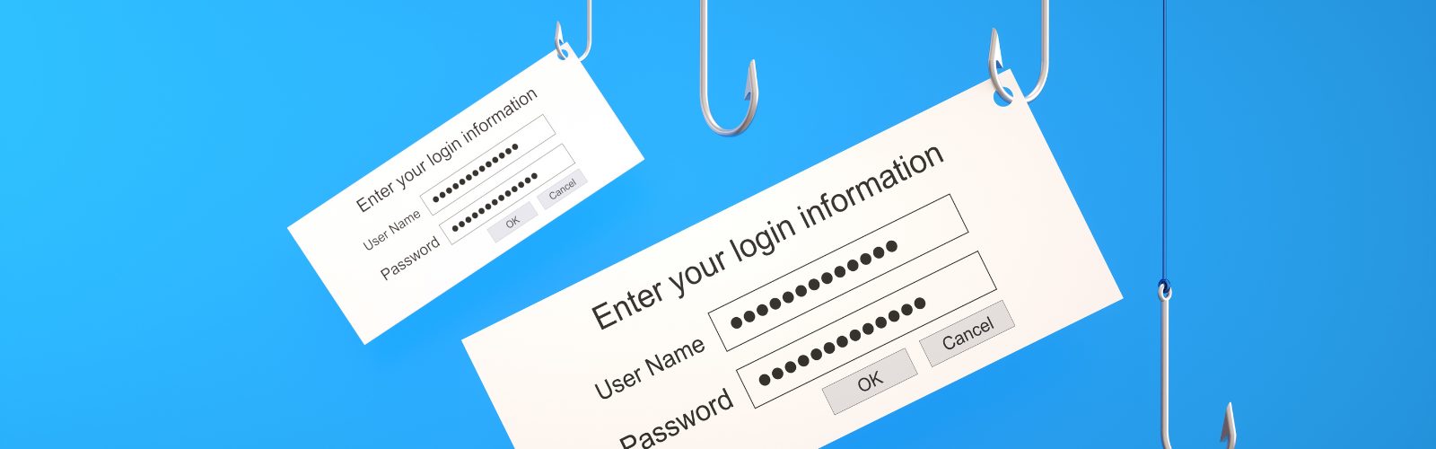 Spear Phishing Blauer Hintergrund, Daten hängen als Zettel am Haken