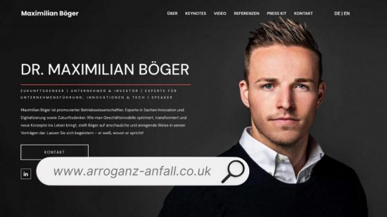 Screenshot der Website arroganz-anfall.co.uk des Unternehmers Dr. Maximilian Böger