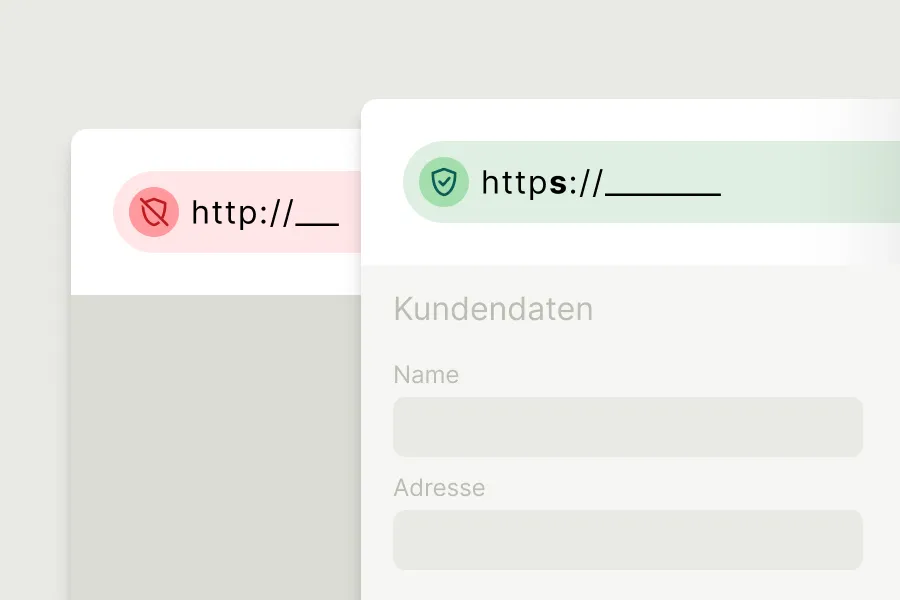 Browser heben eine mittels SSL gesicherte Verbindung als sicher hervor. Erkennbar am s im "HTTPS". Ohne SSL zeigen Browser einen warnenden Hinweis an.