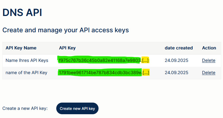 Übersicht API Keys
